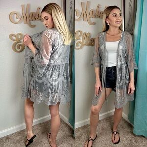 Faveur western boho grey floral sheer lace cardigan size M/L